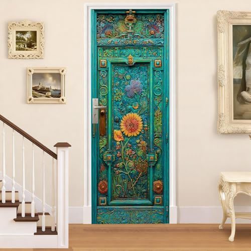 Cmialusie Door Mural Door Decals Peel and Stick Turquoise Floral Door Design Decorative Door Cover for Bedroom Living Room Hallway Bohemian Home Decor 30.31 x 78.74 Inch