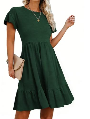LEEDYA Women's Casual Short Sleeve Midi Dress Crewneck A Line Tiered Flowy Loose Travel Long Summer Dresses with Pockets Green L