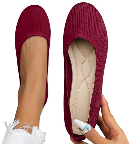 Nuqqichongtian Scarpe basse da donna, ballerine da donna, slip on maglia, scarpe con punta rotonda, comode per passeggiate, zeppa bassa, stile casual, vino 36/EU