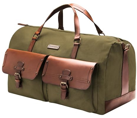 DRAKENSBERG Long Weekender - Borsone grande, borsa da viaggio in stile vintage, per donna e uomo, realizzata a mano in qualità premium, 60L, tela e pelle, verde oliva, DR00124