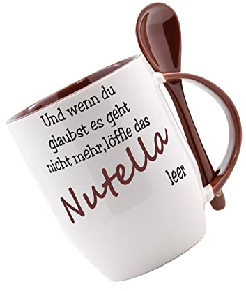 Crealuxe Löffeltasse 'Und wenn du glaubst es geht nicht mehr löffle das Nutel.. leer' bedruckt, Kaffeetasse mit Motiv, Bürotasse