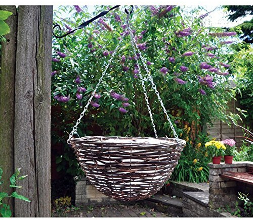 Garden Mile® Garden Hanging Flower Basket 16'' Round Dark Rattan Plant Holder Outdoor Plant Pot Planter with Hanging Chain Wicker Flower Pot Basket Balcony Decoration