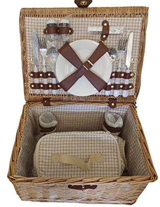 Dekoleidenschaft 16 TLG. Luxus Picknick-Korb aus Weide, Geschirr + Besteck und Gläser für 2 Personen, Kühltasche & Flaschenkühler