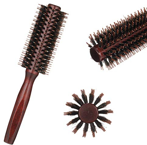 Firtink 1 Pack Boar Bristle Round Brush Round Hair Brush, Wooden Handle Styling Brush Anti Static Quiff Roller Hair Comb for Men and Women, Straightening and Curling, Wet and Dry Hair