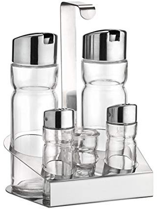 PINTINOX Prima Collection, Huilier 5 pièces (huile, vinaigre, sel, poivre, cure-dents), en acier inoxydable et récipients en verre avec système anti-goutte