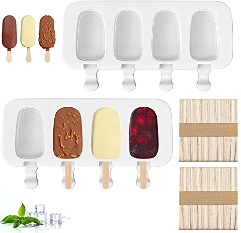 Lot de 2 moules à glace, avec 100 bâtonnets en bois, avec 1 Brosse de Nettoyage et 2 Couvercles, silicone moules à glace, moule oval classique 4, RéUtilisable, sans BPA, DIY Homemade Glace