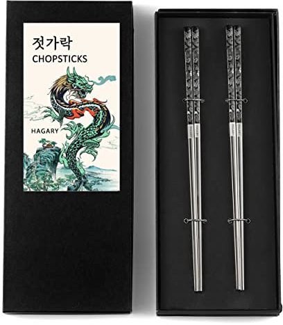 Hagary Dragon Essstäbchen Metall Wiederverwendbar Entworfen im Korea Japanischen Stil Edelstahl 316 18/10 Rutschfest 2 Paar Spülmaschinenfest Lasergraviert (Schwarz)