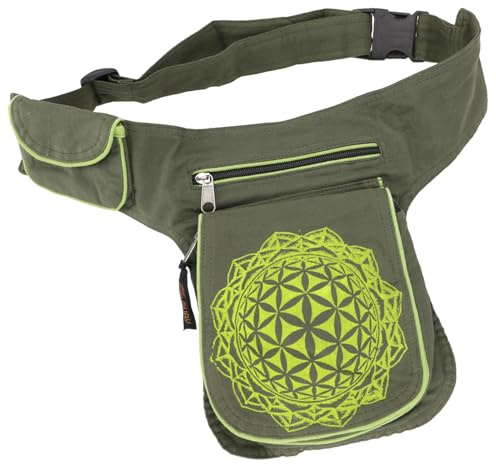 GURU SHOP Stoff Sidebag & Hüfttasche `Flower of Life`, Boho Gürteltasche, Bauchtasche aus Nepal - Olivgrün, Herren/Damen, Baumwolle, Size:One Size, Festival- Bauchtasche Hippie