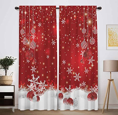 Funnytree Red Christmas Window Curtain Kids Winter Xmas Glitter Bokeh Print Curtains Home Decor Rod Pocket Darkening Drapes for Bedroom Living Room 82 in x 84 in
