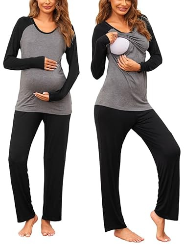Ekouaer Dam amningspyjamas, lång mamma, tvådelad pyjamas, långärmad, mammamode, vinter, sjukhus, husdräkt för graviditet S–XXL, Svart/grå 2, XL