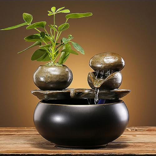 Ceramic Tabletop Fountain for Indoor and Home Decoration Table Desk Office Patio (Black 2)