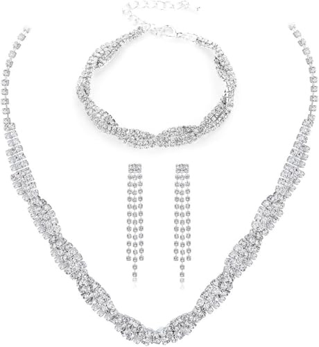FDEETY Set di Gioielli da Sposa Elegante e Splendente Nuziale Zircone Collana Orecchini Braccialetto Pendenti Set per Matrimonio Banchetto Party