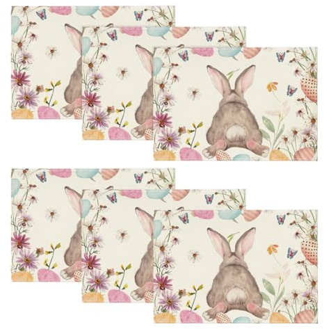 Artoid Mode Blumen Hase Osterei Ostern 6er Set Platzsets, Saisonal Frühling Küche Tisch Dekoration Drinnen Urlaub Party Dekor 30x45cm