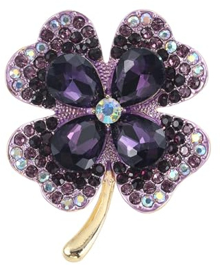 Oenothera Rhinestone Four Leaf Brooch, Crystal Brooch for Women, Girls Birthday Gift Wedding Party Supply (Purple)