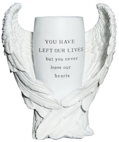 Decoraciones de tumba para cementerio, alas de ángel de resina, jarrón de flores con estaca y agujero de drenaje para estatuas de jardín, regalos conmemorativos por la pérdida de un ser querido (1,
