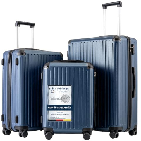COOLIFE Juego de Maletas 3 Piezas, Maleta de Cabina, Mediana y Grande | Rígidas en PC+ABS para Vacaciones y Viajes Familiares, Cerradura TSA, Cremallera YKK y 4 Ruedas Dobles, Azul Oscuro