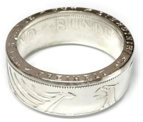 Münzring aus 5 Mark Silbermünze Silberadler Heiermann, 625er Silber, Gr. 52-72 Finish Silber - inklusive Schmuckbeutel