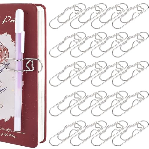 SOFPLATE 1 Box 20Pcs Heart Pen Clip Paper Clip Pencil Holder Paperclip Carbon Steel Silver Office School Portable Insert Metal Pen Holding for Notebook Journal Paper Outdoor Planner 2.7 x 0.8Inch