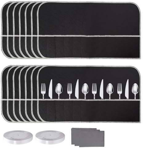 TANEMUDO 14 Pcs Anti Tarnish Silver Storage Bags with 2 Ribbons, 3 Silver Polishing Cloths, Anti Tarnish Flatware Protector Bags Felt Flatware Organizer for Kitchen Cutlery Utensils
