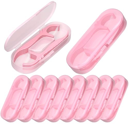 10 paquetes de doble línea de viaje de hilo dental de viaje, soporte, vienen con 100 palillos dentales BAIDENTAL de alta calidad para limpieza de dientes, sellados, portátiles, recargables, color rosa