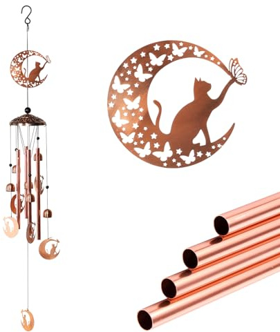 BAODBF Carillon éolien avec motif chat et chien, carillon à vent en métal, 4 tubes, 6 cloches, carillon éolien à suspendre à l'extérieur, carillon éolien pour jardin, terrasse ou balcon, doré