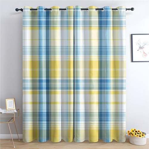 zcwl Kariert Vorhänge, Gelb-Blau-Schottenkaro Verdunklungsvorhänge mit Ösen, Vorhang Blickdicht für Wohnzimmer Schlafzimmer Dekoration, Gardinen mit Muster, 2er Set, 200 x 140 cm (HöhexBreite)