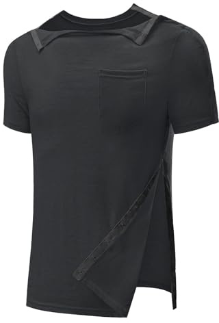 Men's Post Shoulder Surgery T-Shirt After Surgery Shirt Shoulder Surgery Recovery Tearable Functional Shirt Short Sleeve Full Open Side Press Stud Functional Shirt, black, XL