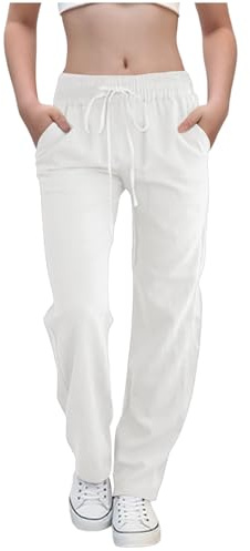 Pantalones de Lino para Niña Algodón y Lino Pantalones Niño Casual Monocolor Pantalon Largo Verano de Piernas Rectas Cintura Elástica con Cordón Linen Pants Sueltos Jogger Ropa Adolescente Rebajas