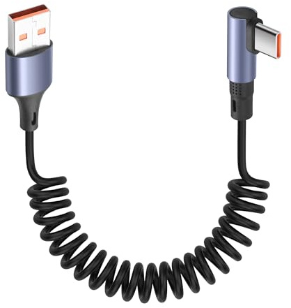 YACSEJAO 90 grader USB A till USB C spiralkabel 9,2 FT 6 A/65 W snabb laddning och dataöverföring infällbar högervinkel typ C kort kabel för telefon, PC, Android Auto (USB A rak)