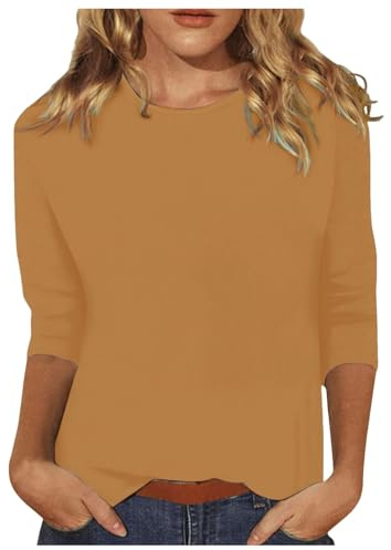 Women's 3/4 Sleeve Tops Casual Loose Fit Round Neck Cute Solid Tunic Tops Three Quarters, yellow, S
