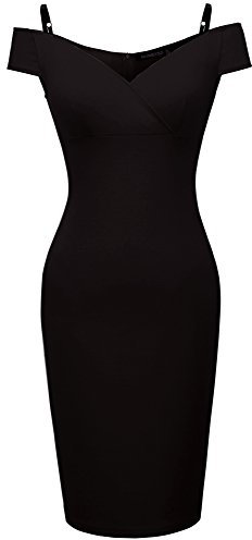 HOMEYEE Damen Vintage Blumendruck Off Shoulder Riemchen Knielänge Bodycon Enges Kleid B309 (EU 36 (Herstellergroesse: S), Schwarz)