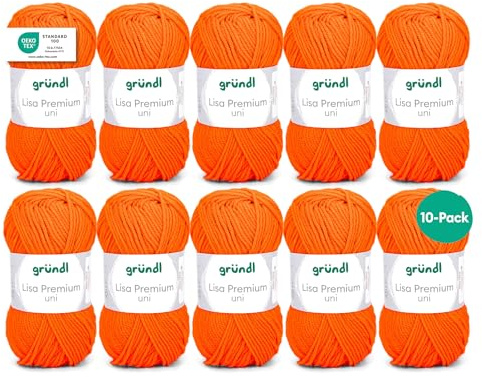 Gründl Lana Lisa Premium uni Hilo de tejer 100% poliacrílico, Hilo para tejer/ganchillo 50 g / 133 m, 10 bolas, Naranja Neón