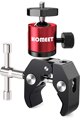Homeet Super Clamp Soporte Pinza Clamp con Rótula Agujeros Roscados 1/4 y 3/8 Soporte Cámara Deportiva para Monitor, LED Flash, Cámara, Micrófono, GPS (Rojo)