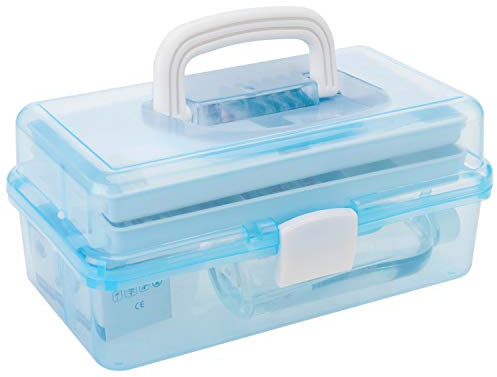 MyGift 13 Inch Transparent Blue Plastic Empty Multipurpose Storage Box with Handle, Latching Lid and 2 Expandable Trays for Tools, First Aid, Sewing Kit, Arts Crafts Supplies
