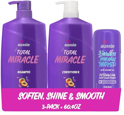 Aussie Total Miracle Hair Care Bundle: Shampoo, Conditioner, and 3 Minute Deep Treatment with Apricot & Macadamia Oil, Paraben-Free for Damaged Hair, 26.2 & 8 Fl Oz