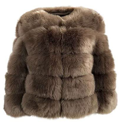 PengGengA Women's Faux Fur Coat Plain Long Sleeve Crew Neck Jacket Shaggy Outwear with Hook Fasteners (Dark Brown, L)