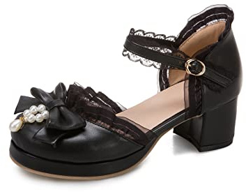 Ulalaza Zapatos Mary Jane de tacón Alto para Mujer, Zapatos de Vestir Bonitos de Fresa con Lazo de Encaje Festivo para Fiesta Dulce