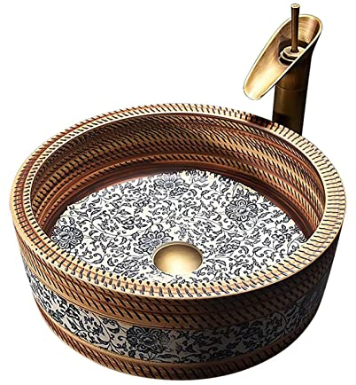 Retro Waschbecken Aufsatzwaschbecken Naturstein,handwaschbecken Klein Gaste Wc Runde Keramik Im Europäischen Stil,waschschale Waschbecken Mit Überlaufloch Und Wasserhahn 41 * 15cm, Single Basin