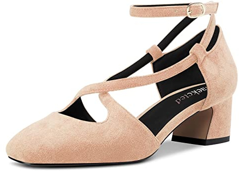 Saekcted Mujer Medio Chunky Ancho Heel Cuadrada Punta Pumps Correa Cruzada Correa Tobillo Cierre con Hebilla Fiesta Cute Zapatos Beige Ante 42 EU