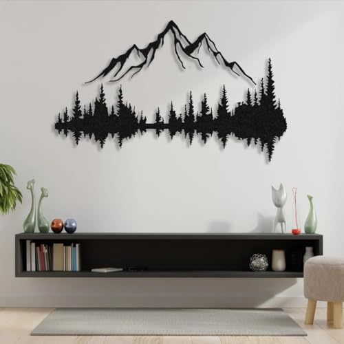 NORTH KAISER Metall Wandkunst | Berg & Wald Wanddekoration | Rustikale und Moderne Wandskulpturen für Wohnzimmer, Zuhause, Schlafzimmer, Büro, Küche und Außenbereich (Schwarz, 120 x 80 cm)
