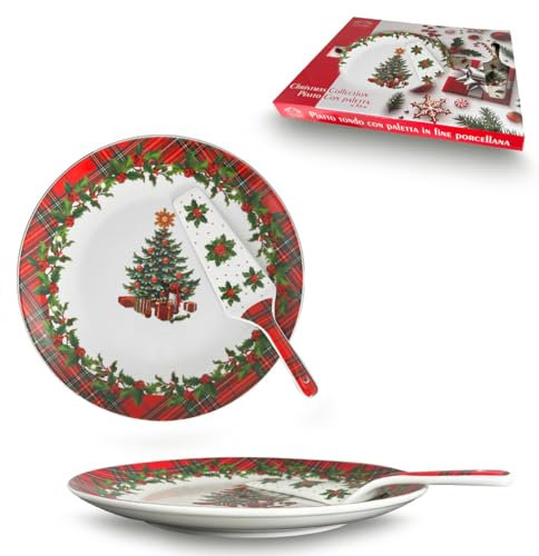 ARCA, Piatto Panettone con Paletta in Porcellana, con Decorazione Natalizia Scozzese, Resistente e Duraturo, Ideale per la Tavola, Idea Regalo di Natale, 30 cm