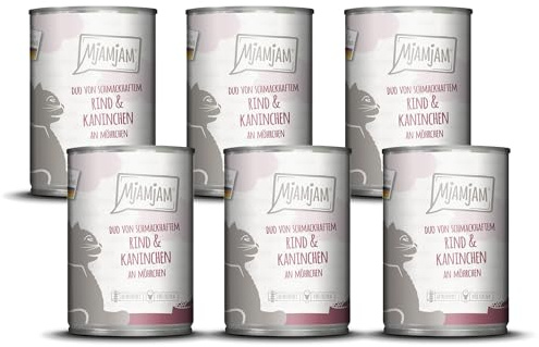 MjAMjAM - Nourriture Humide Premium pour Chats - Duo de Savoureux bœuf & Lapin sur Carottes, Pack de 6 (6 x 400g), sans céréales avec Un supplément de Viande