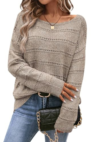 CFLHN Suéter Suave de Punto de Ganchillo para Mujer, con Cuello Barco, Manga Larga, Hueco, Oscuro Apricot, M