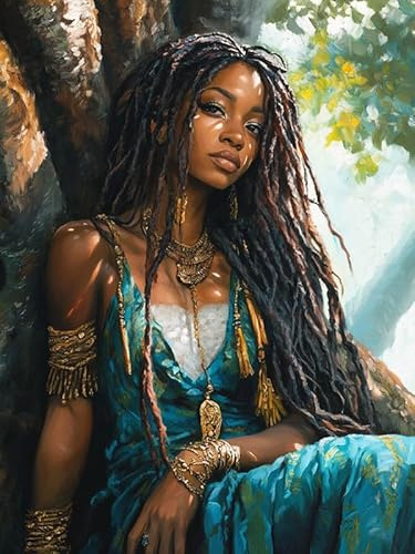 Bimkole 5D Diamond Paintinger För Vuxna Afroamerikansk Kvinna, Borrmålning Gör-det-själv Strass Broderi Set Färg Med Diamanter Kit Dreadlocks Långt Hår Korsstygn Hem Vägg Hantverk Dekoration 30x40 cm