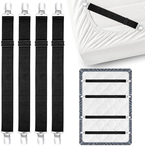 Alethron 4 Stück Bettlakenspanner Verstellbar, Schwarz Bettlaken Spanngurte Spannbettlaken Spanner Halter, Lakenspanner für Bettlaken Betttuchspanner mit Clip Spanner für Leintuch Matratzen