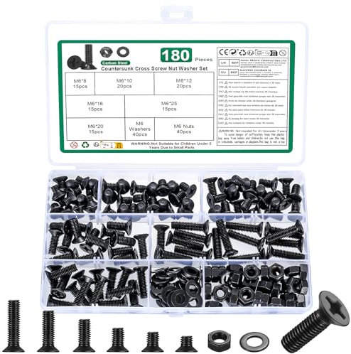 Juego de Tornillos Avellanados M6 con Tuercas y Pernos de Cabeza Plana con Arandelas - Tornillos de Máquina de Cruz Negra, 180 Piezas