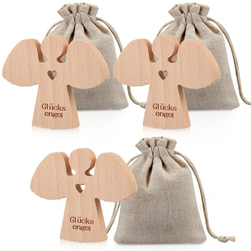 Namalu 3 Angeli Custodi in Legno con 3 Sacchetti Angelo Fortunato Angelo Portafortuna con Cuore Figura Angelo Regalo di Incoraggiamento per Famiglia Amici Test Battesimo Conferma Comunione Nascita