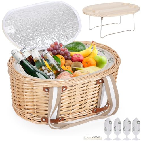 Zettfuly Picknickkorb-Set für 4 Personen – Isolierter Weidenkorb mit klappbarem Weintisch, Picknickset mit Innenfutter für Paare, Camping, Outdoor, Valentinstag (Blatt)