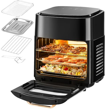 Oyajia Friggitrice ad aria calda, forno ad aria calda da 15 l, mini forno da 1800 W con 4 accessori, friggitrice ad aria calda 6 in 1 con finestra di visualizzazione, funzione di essiccazione, display