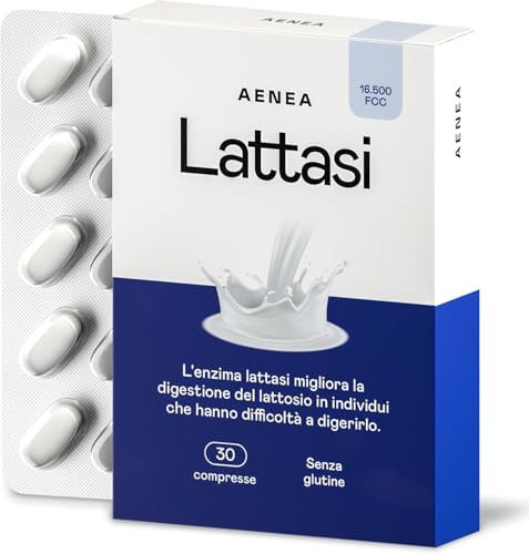 Aenea Lattasi Compresse Effetto Immediato 16500 FCC, 30 Cpr, Enzima Lattasi ad Alto Dosaggio per Intolleranza Lattosio, Pastiglie Lattosio per Digestione, Prodotto in Italia e Sicuro